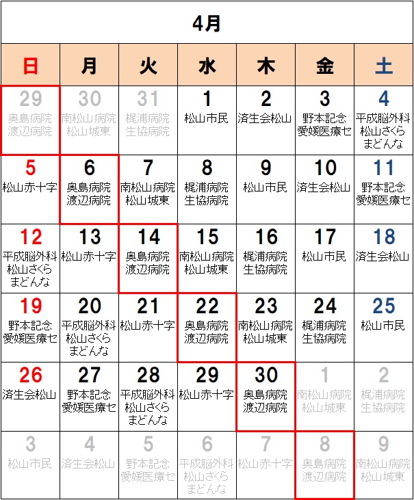 救急病院　当番表