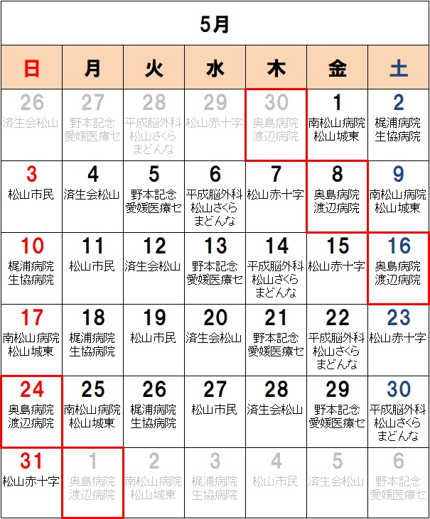 救急病院　当番表